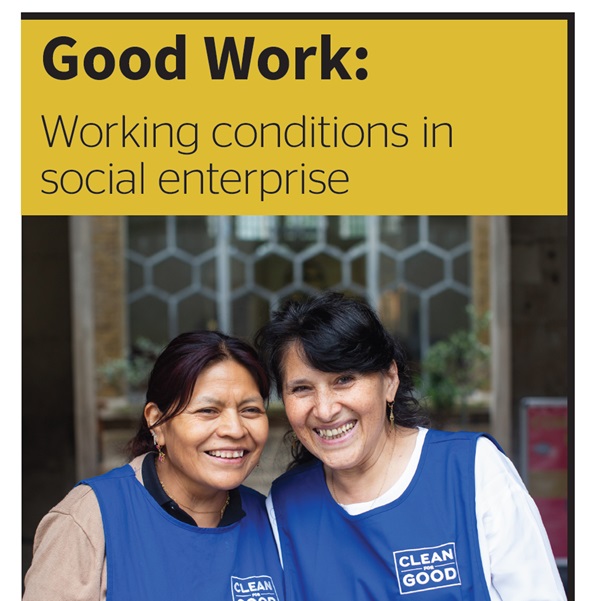 Two women wearing blue aprons who work for Clean for Good