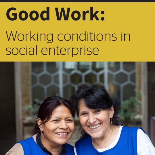 Two women wearing blue aprons who work for Clean for Good